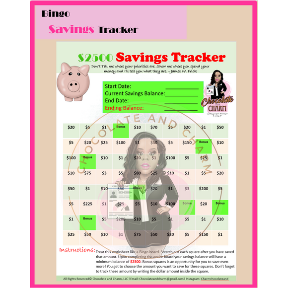 Bingo Savings Tracker- Instant Download - Chocolate and Charm 