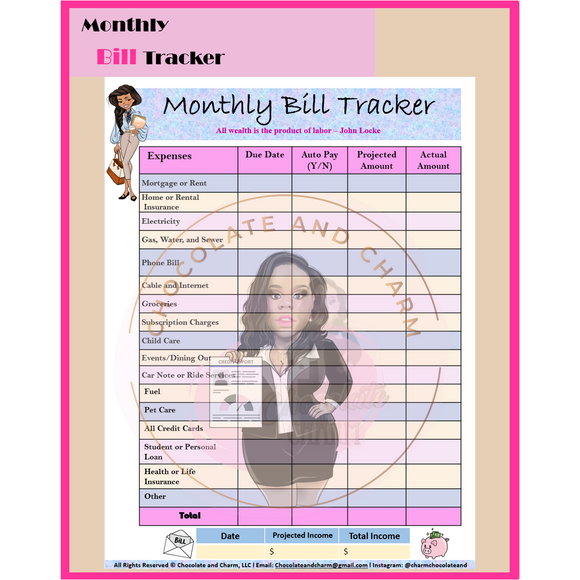 Monthly Bill Tracker- Instant Download - Chocolate and Charm 